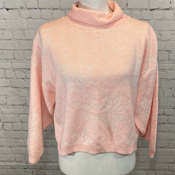 YOU SAY (by Nuggets) Vintage 80's Turtleneck Sweater Snowflake Pink/White-S/M - Picture 1 of 6